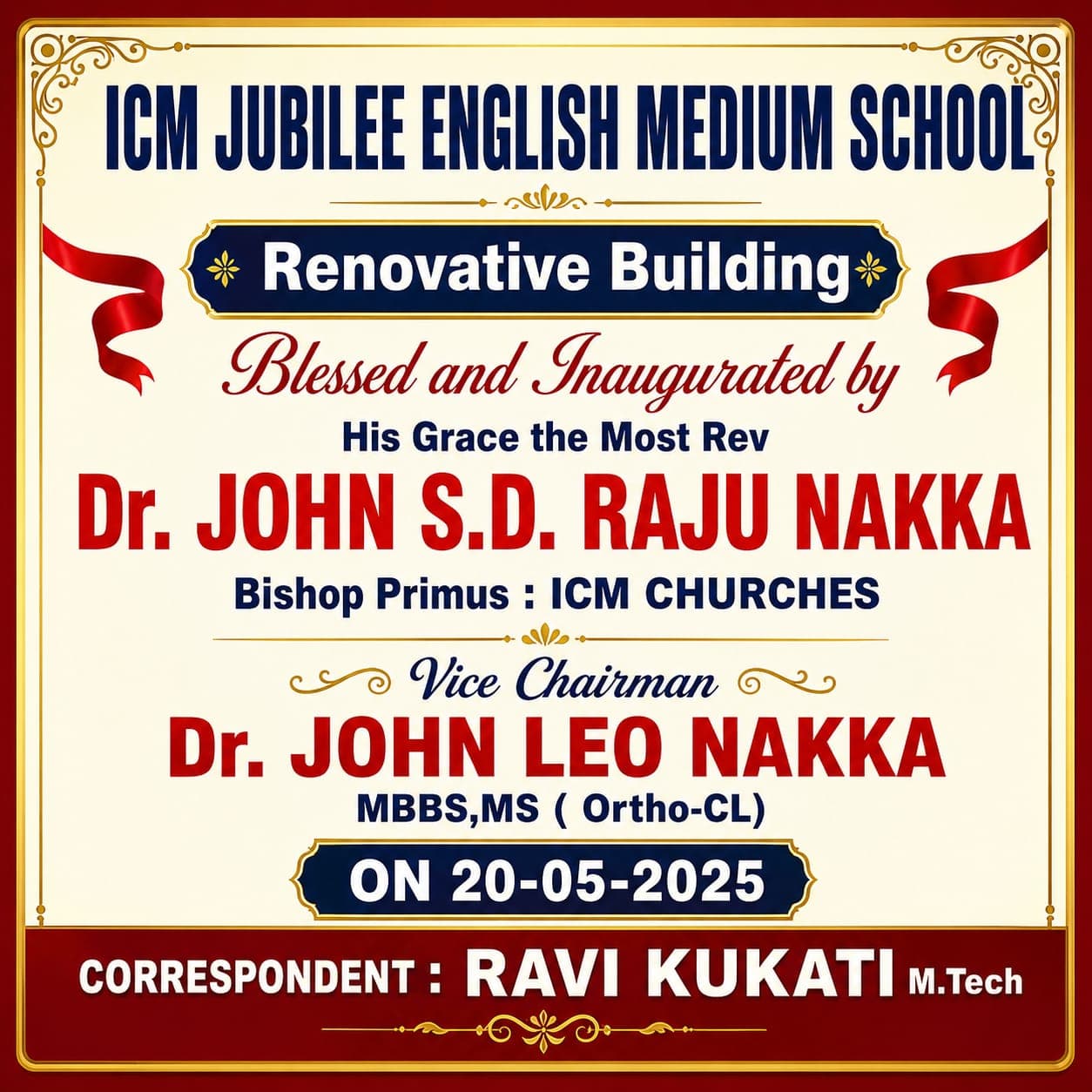 Inauguration of the renovated ICM Jubilee English Medium School building, 20 May 2025